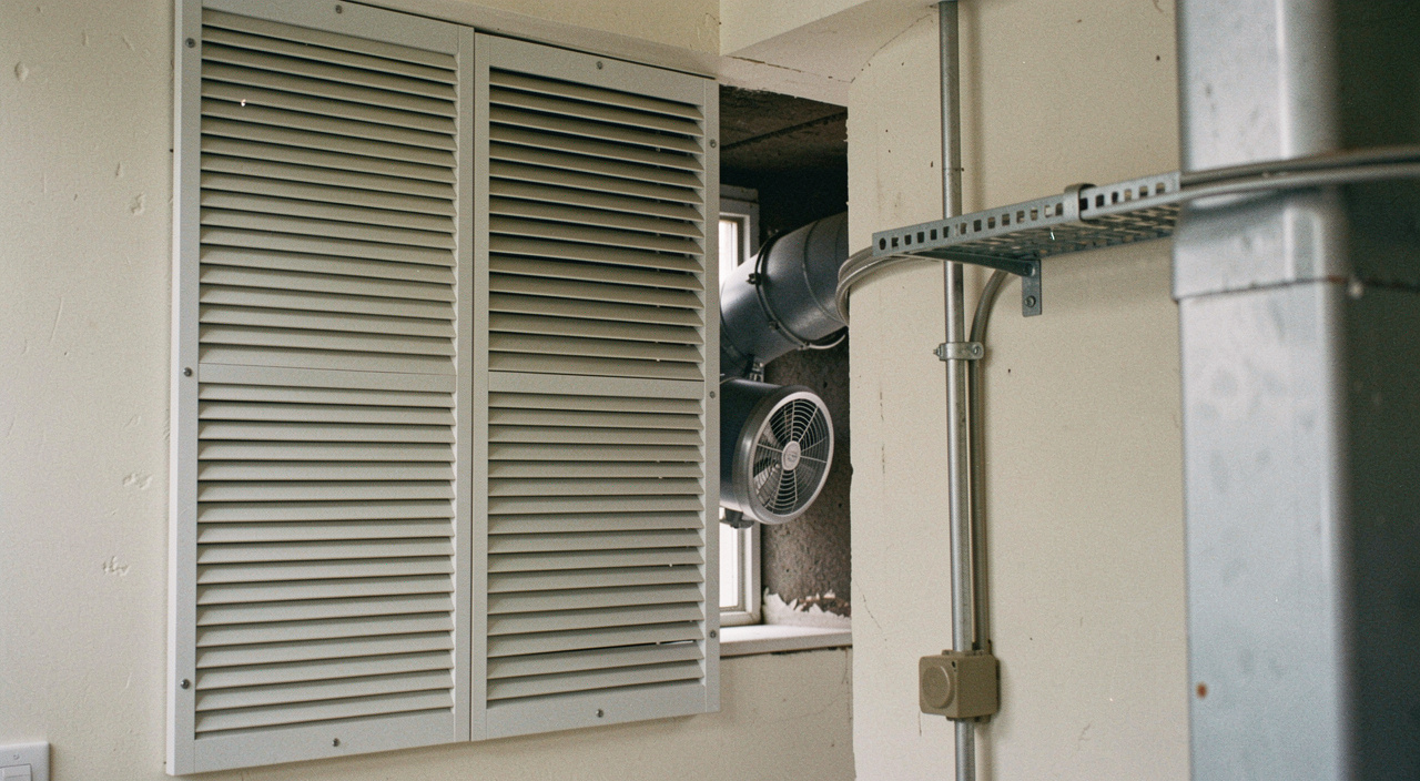 Acoustic louvre panel set into a plant room wall with an attenuator behind it, cable ladder and a wall-mounted extract fan visible through the opening