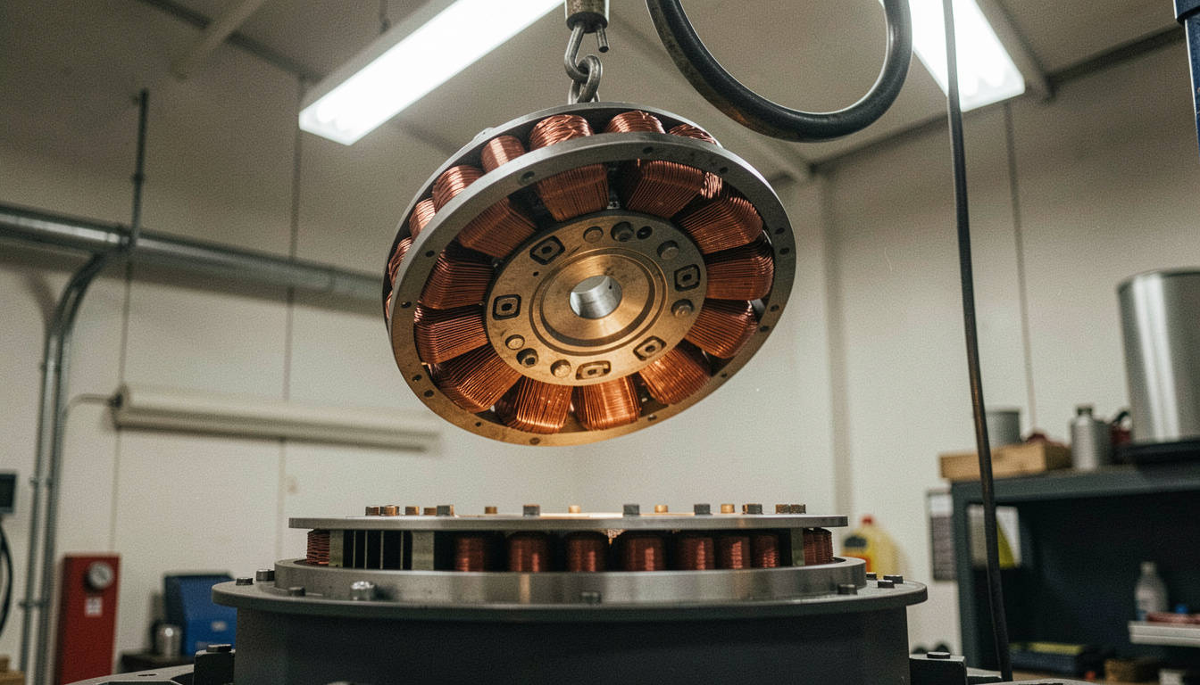 Alternator rotor lifted by a workshop crane above its stator housing, copper windings and slip rings visible under fluorescent light