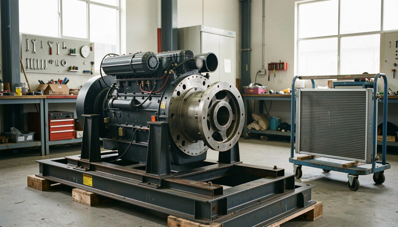 Generator set under construction in an assembly shop, alternator being aligned to the engine flywheel housing on a base frame, radiator waiting on a trolley nearby