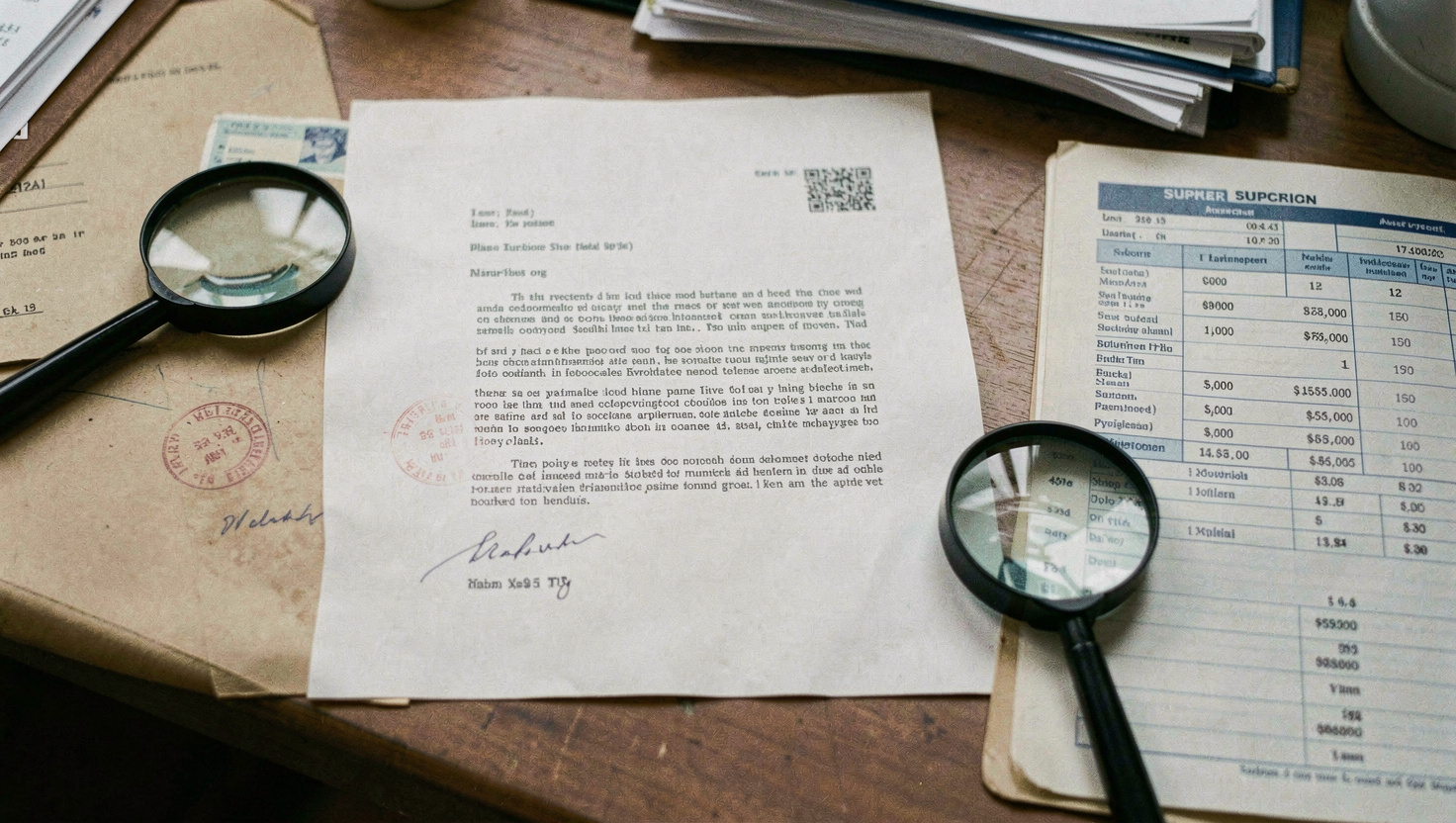 Printed letter on headed paper lying on a desk next to a stamped envelope, a magnifying glass and a supplier file open beside it