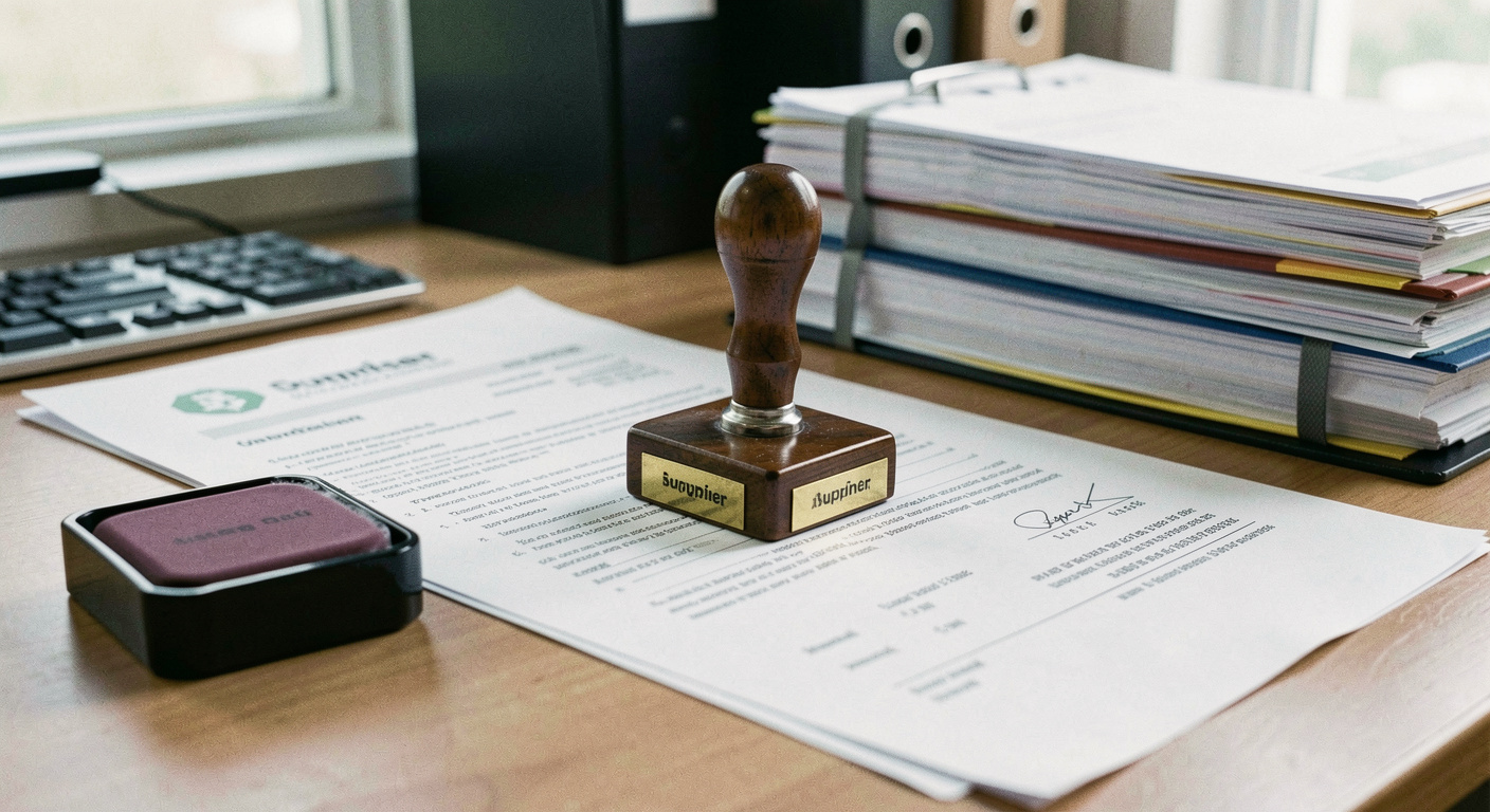 Rubber stamp being pressed onto a supplier document at an office desk, ink pad and a stack of files beside it