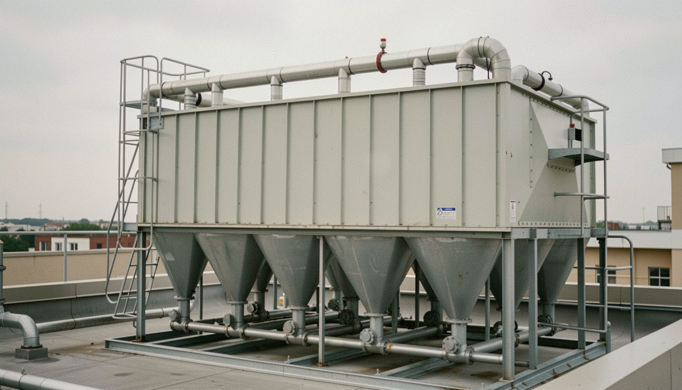 Bag filter housing on an industrial roof with rows of hopper cones underneath, compressed air headers along the top and access ladders on the side