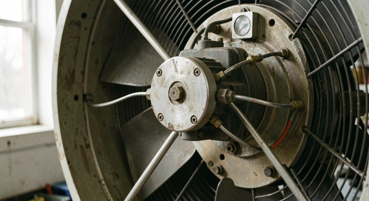 Pneumatic actuator mounted on the inlet vane control ring of an industrial fan, linkage rods and position indicator visible against the fan casing