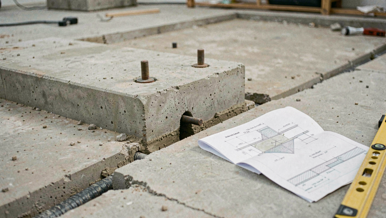 Concrete plinth with anchor bolts cast in and a cable trench running to it, formwork removed and a folded drawing weighted down on the slab beside a spirit level