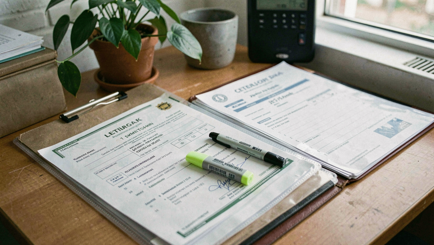 Project file open on a plant office desk showing certificates and test sheets in plastic wallets, a highlighter resting on one page