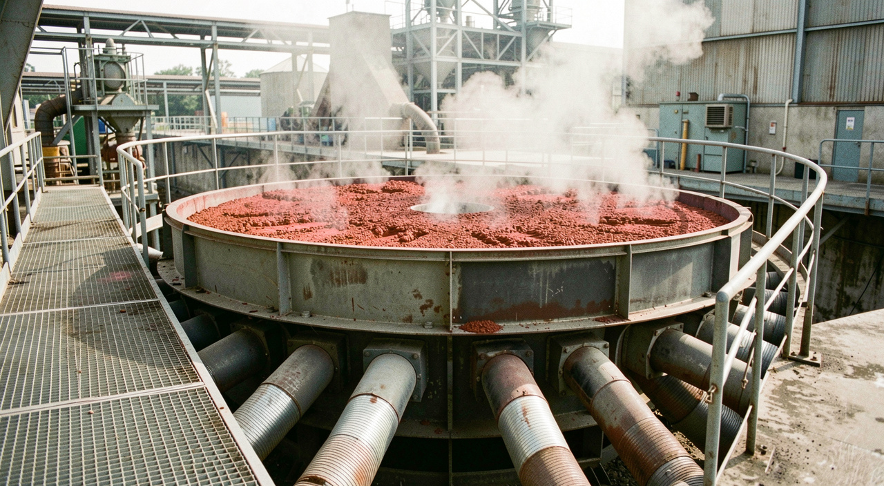 Circular cooler at a sinter plant seen from a walkway, hot sinter on the rotating bed, cooling air ducts entering from below and steam rising from the surface