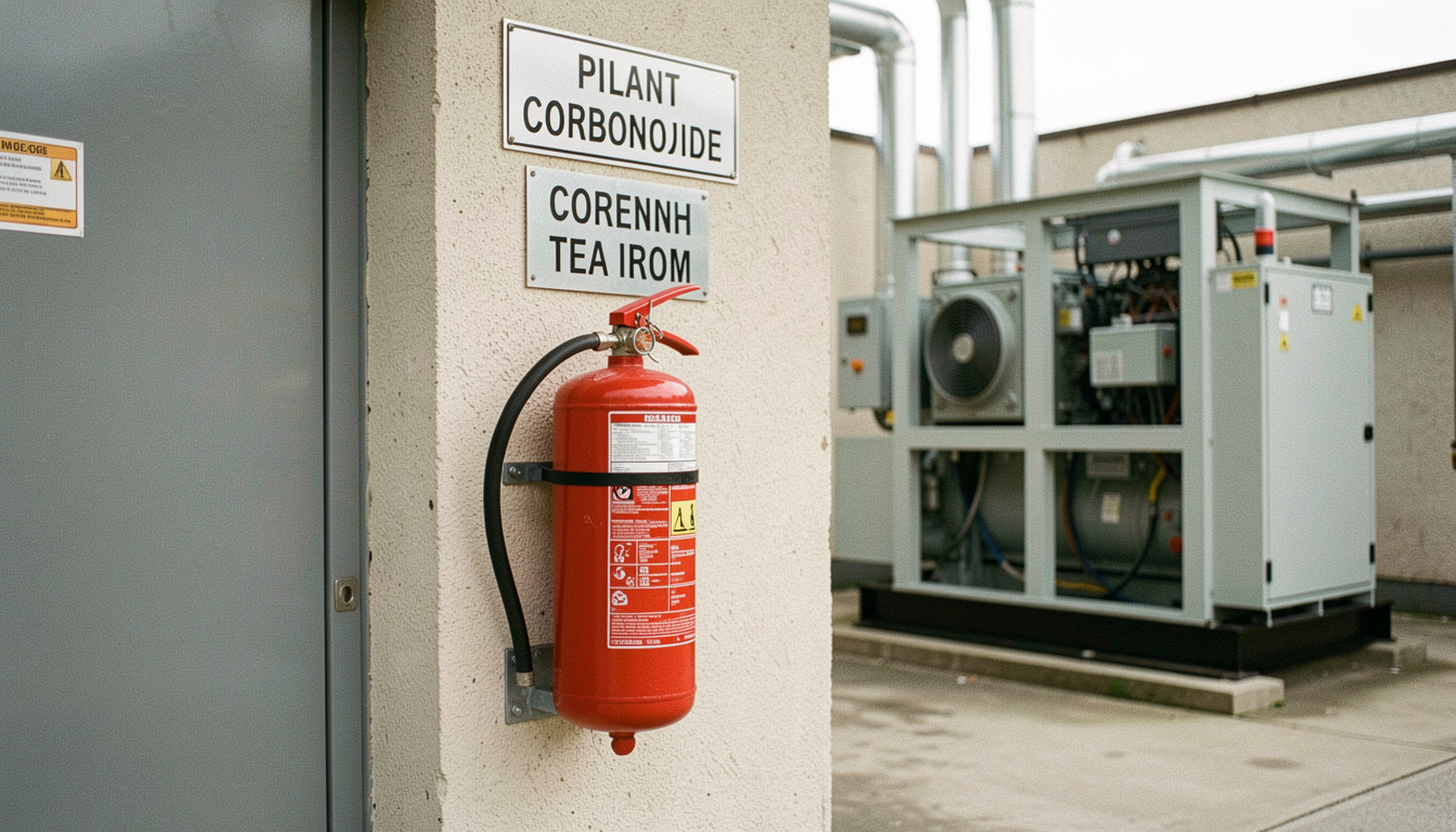 Red carbon dioxide extinguisher mounted on a bracket beside a plant room door, signage above it and an enclosed generator set visible in the background