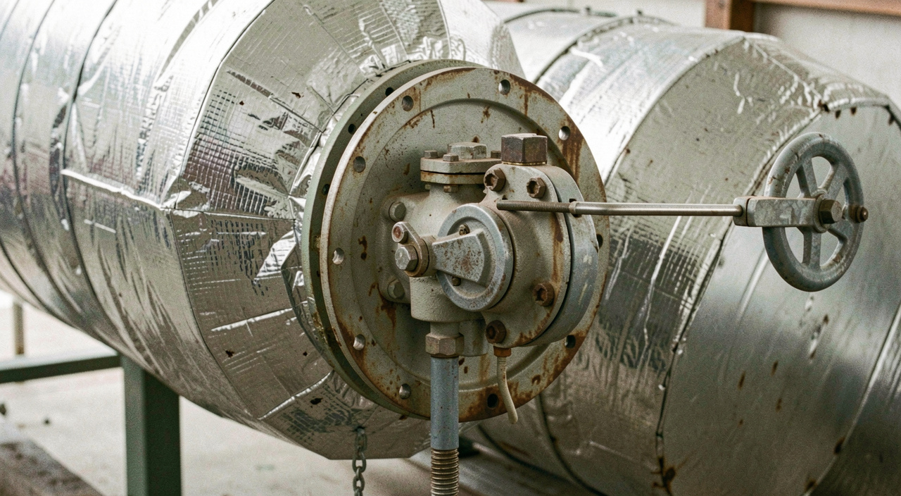 Butterfly control valve in a large insulated combustion air duct, actuator arm and position feedback rod visible, lagging cut back around the flange
