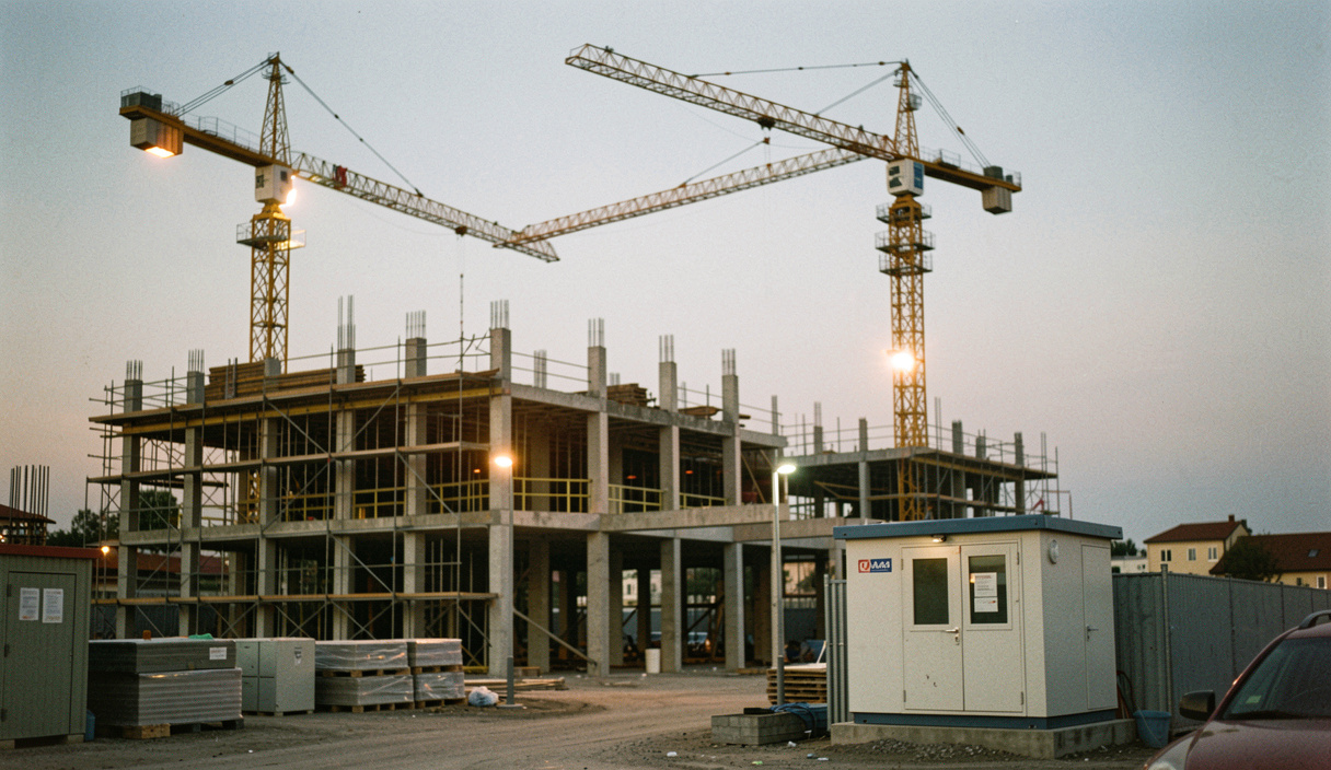 Construction site at dusk with two tower cranes over a partly built concrete frame, floodlights on the scaffolding and a temporary power cabin at the site entrance