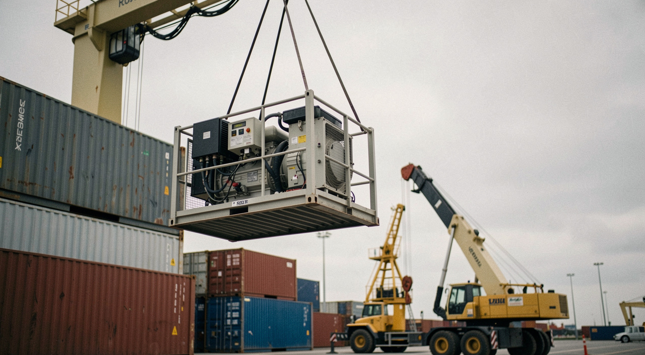 Container-mounted generator set being lifted by a gantry crane at a port terminal, stacked containers and a straddle carrier in the background under a grey sky