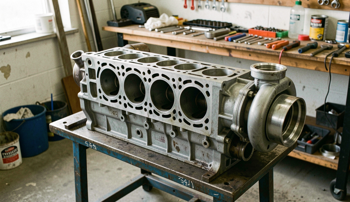 Six-cylinder inline diesel engine block on a workshop stand with the rocker cover removed, turbocharger and exhaust manifold on the near side, tools laid out on a bench behind