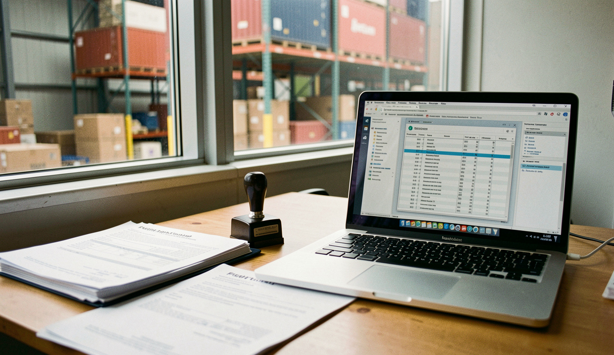 Freight forwarding office desk with shipping documents, a rubber stamp and a laptop showing a container booking, warehouse visible through the window