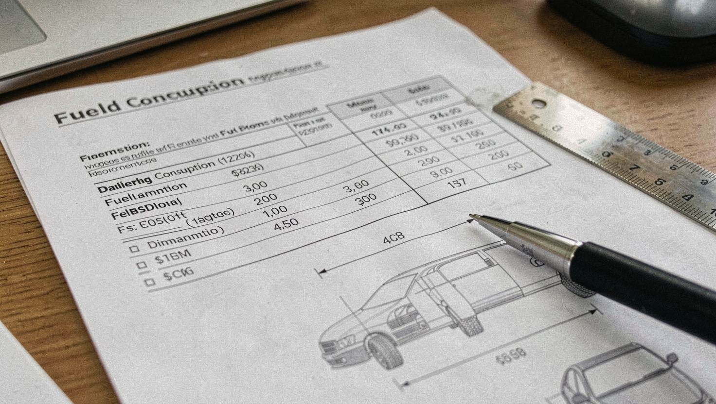 Printed specification sheet on a desk showing a fuel consumption table and a dimensional drawing, a ruler and a pen marking one row
