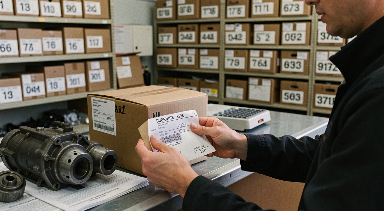 Customer collecting a boxed engine part at a dealer parts counter, invoice being stamped, shelves of numbered boxes behind the counter