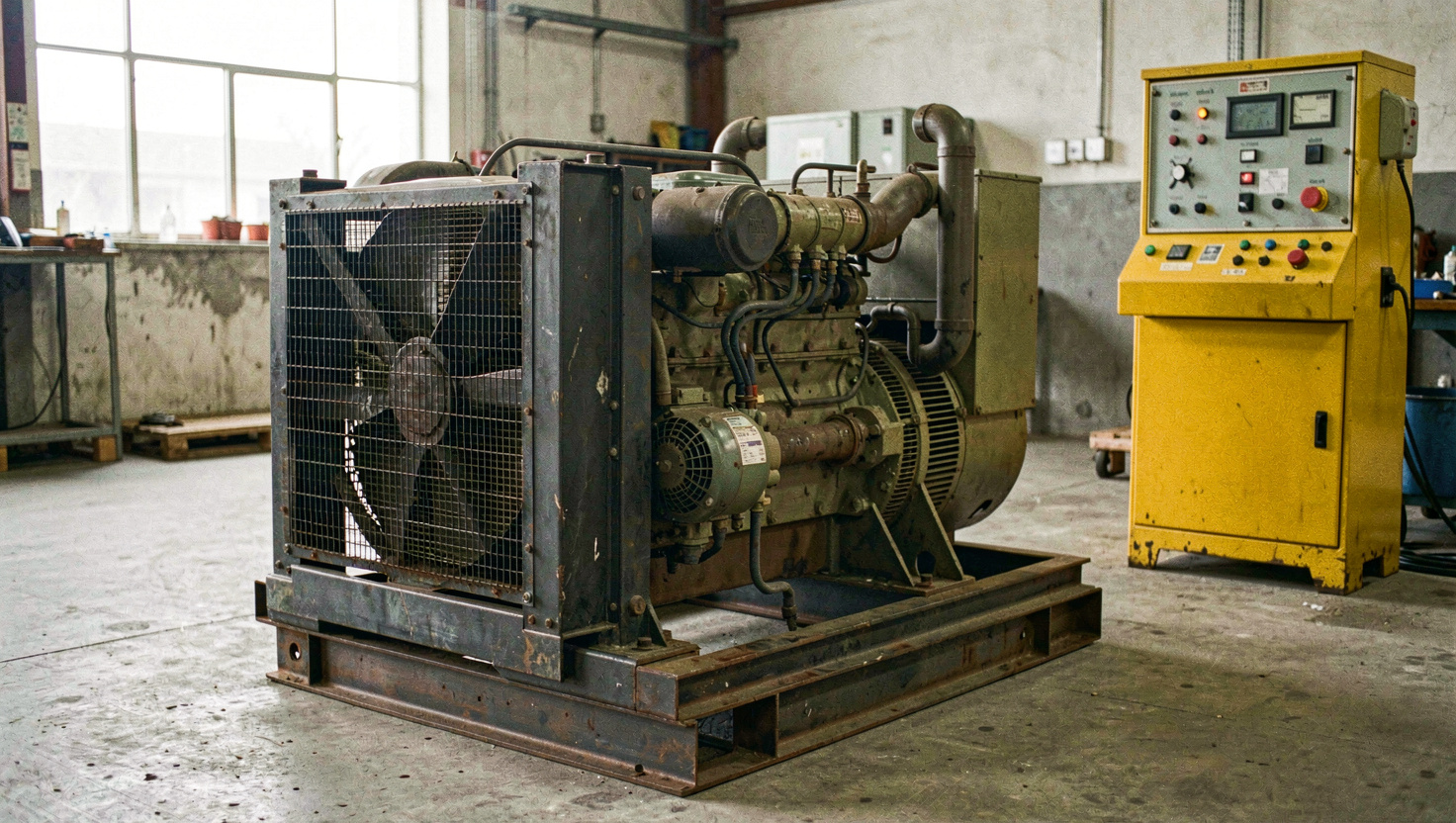 Open diesel generator set on a steel skid, radiator and alternator visible, standing on a concrete workshop floor beside a yellow control panel