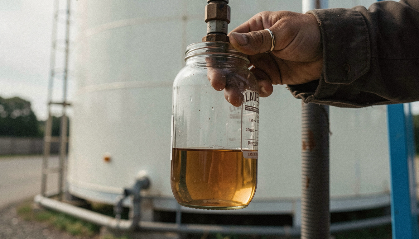 Glass jar of diesel drawn from a tank drain point held up to the light, a visible water layer at the bottom and a tank in the background