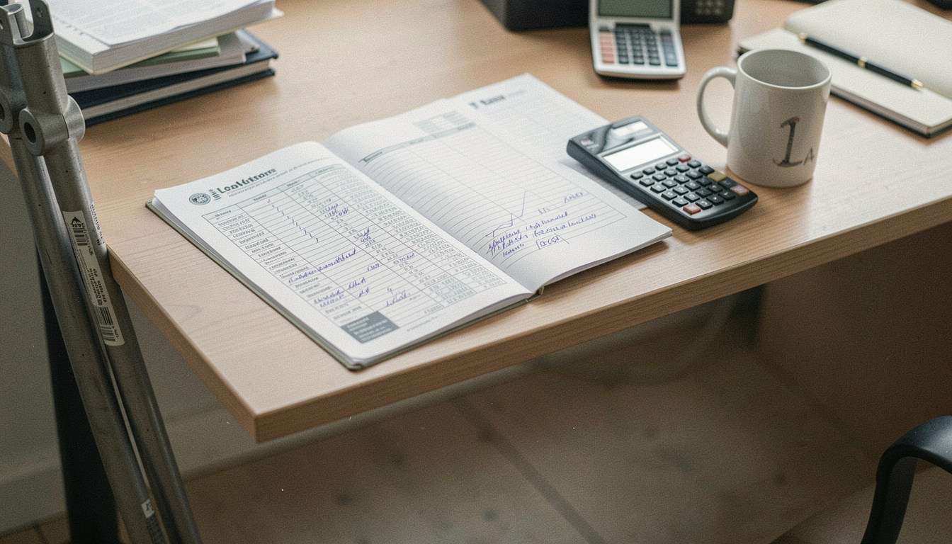 Desk with an open engine data sheet, a marked-up load schedule, a calculator and a mug, drawing tubes leaning against the desk leg
