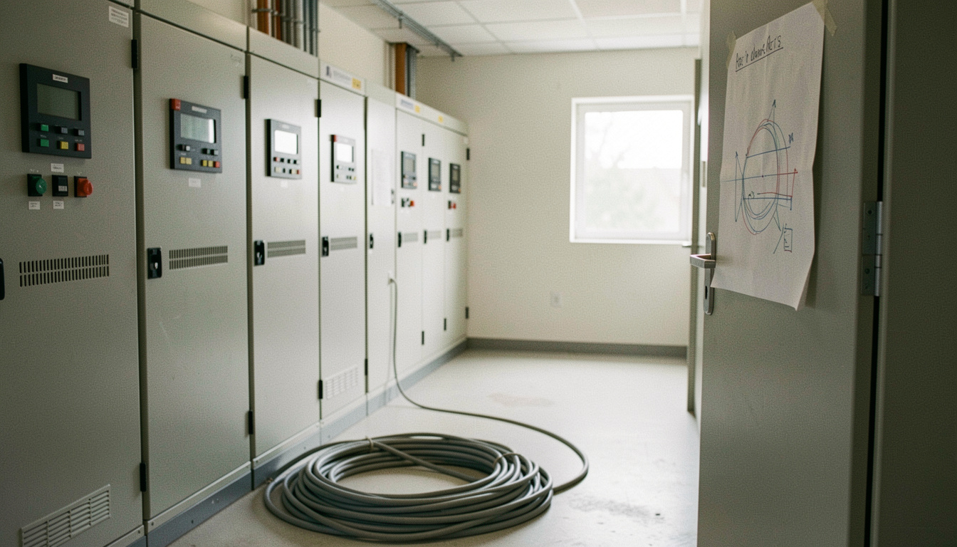 Electrical intake room in a new building with switchgear panels lined against the wall, unterminated cables coiled on the floor and a drawing taped to a panel door