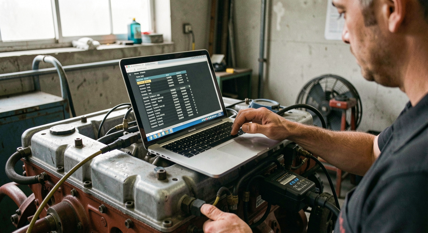Laptop resting on a diesel engine rocker cover, diagnostic cable plugged into the engine control module, a technician scrolling through fault codes in a dim plant room
