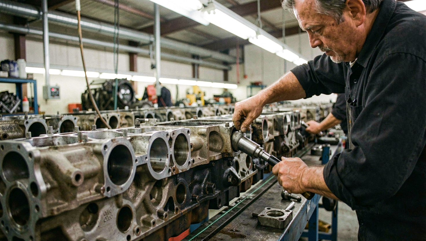 Diesel engine blocks moving along an assembly line under overhead lighting, an operator torquing a cylinder head in the foreground