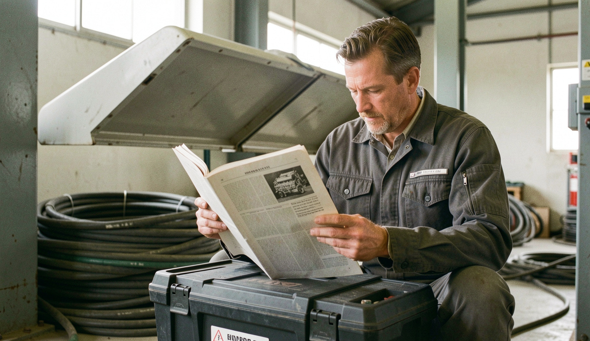 Service engineer sitting on a toolbox reading a thick engine manual in a plant room, generator canopy and coiled cables behind him