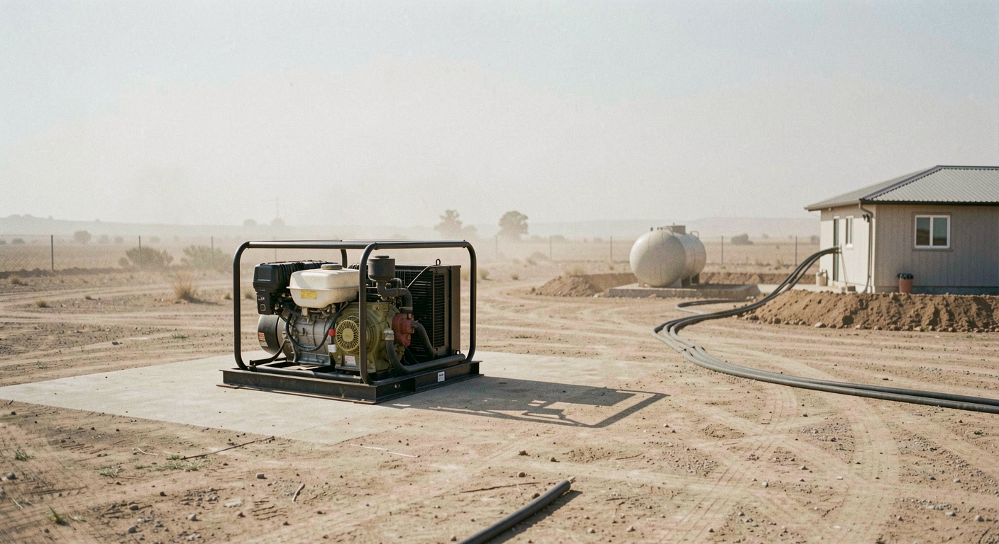Container-mounted generator set on a levelled compound in a dry landscape, dust haze on the horizon, cables running to a nearby low building and a fuel tank on a bund