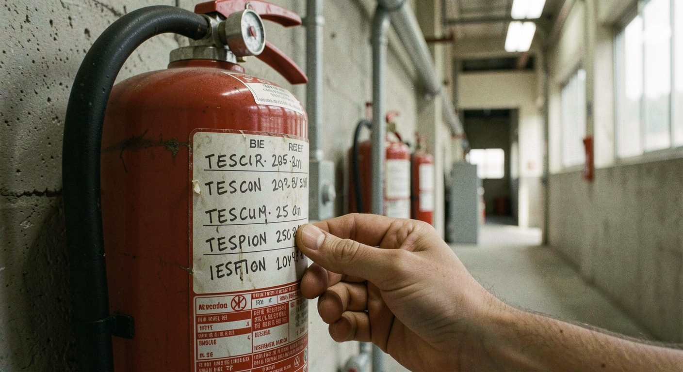 Hand turning over the service tag on a wall-mounted extinguisher in an industrial corridor, inspection dates written in ink