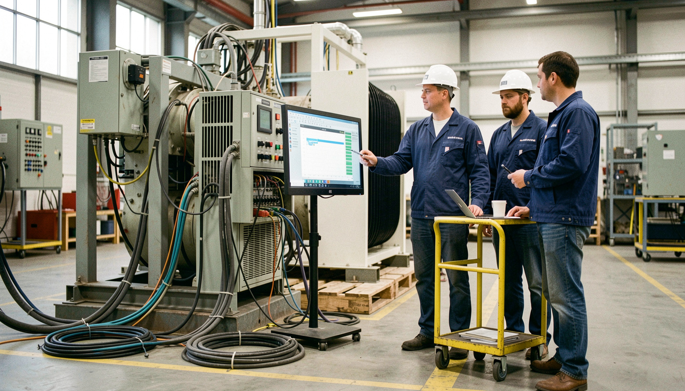 Generating set on a factory test bay connected to instrumentation cables and a load bank, engineers reading a data screen on a trolley beside the machine