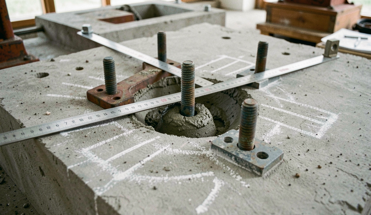 Exposed anchor bolts and grout pocket on a machine foundation with the old base plate lifted away, chalk marks on the concrete and a steel rule laid across the bolt centres