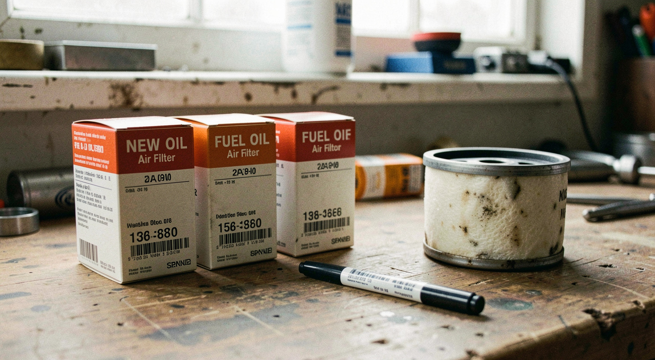 New oil, fuel and air filters lined up on a workshop bench beside a used filter, part numbers visible on the boxes and a marker pen alongside
