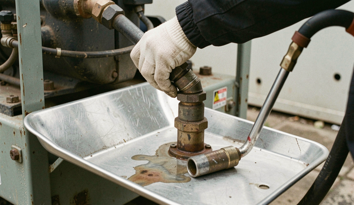 Gloved hand wiping under a fuel line union above a stainless drip tray on a generator skid, a stain visible on the tray and a torch propped on the frame