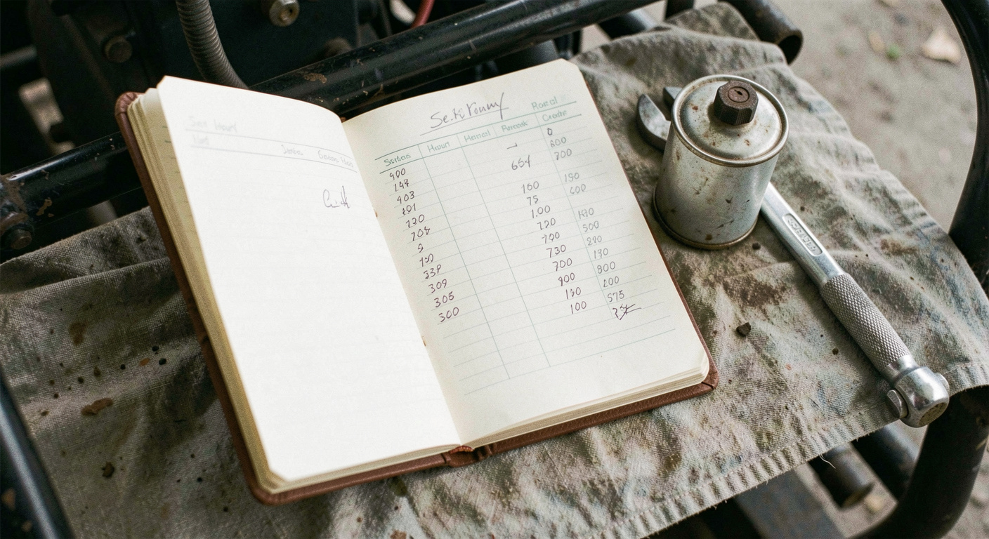 Open service logbook on the frame of a generator set with handwritten hour readings, a used oil filter and a torque wrench beside it on a rag