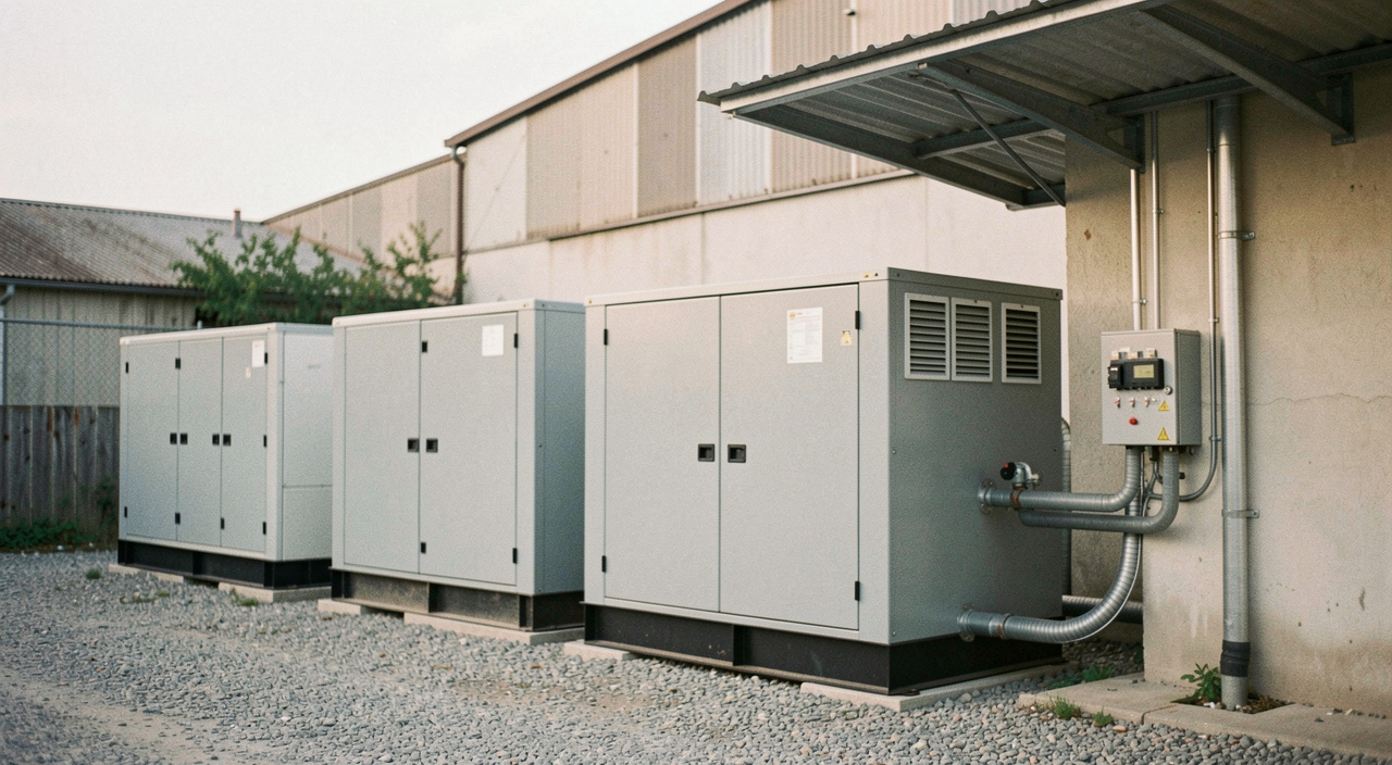 Three enclosed generator sets parked side by side on a gravel yard behind a factory, cable ducts running to a wall-mounted switch box, cooling louvres open on the nearest canopy