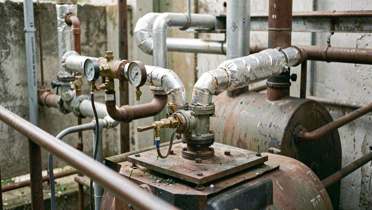 Burner platform on a hot blast stove with insulated gas and air pipework converging on the burner, pressure gauges on a manifold and a handrail in the foreground