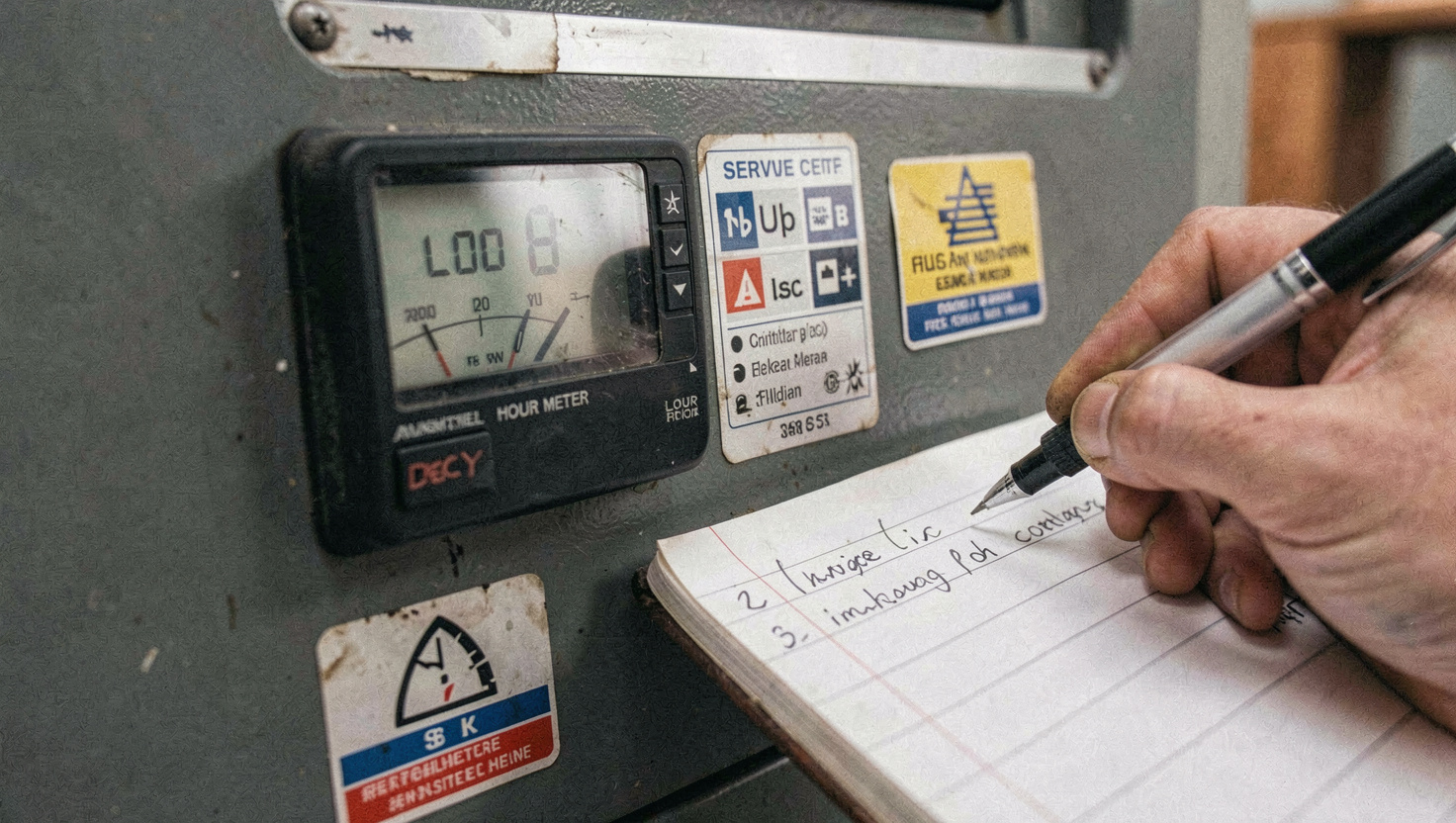 Close view of a generator control panel hour meter showing a low reading, with a service sticker beside it and a pen marking a logbook entry