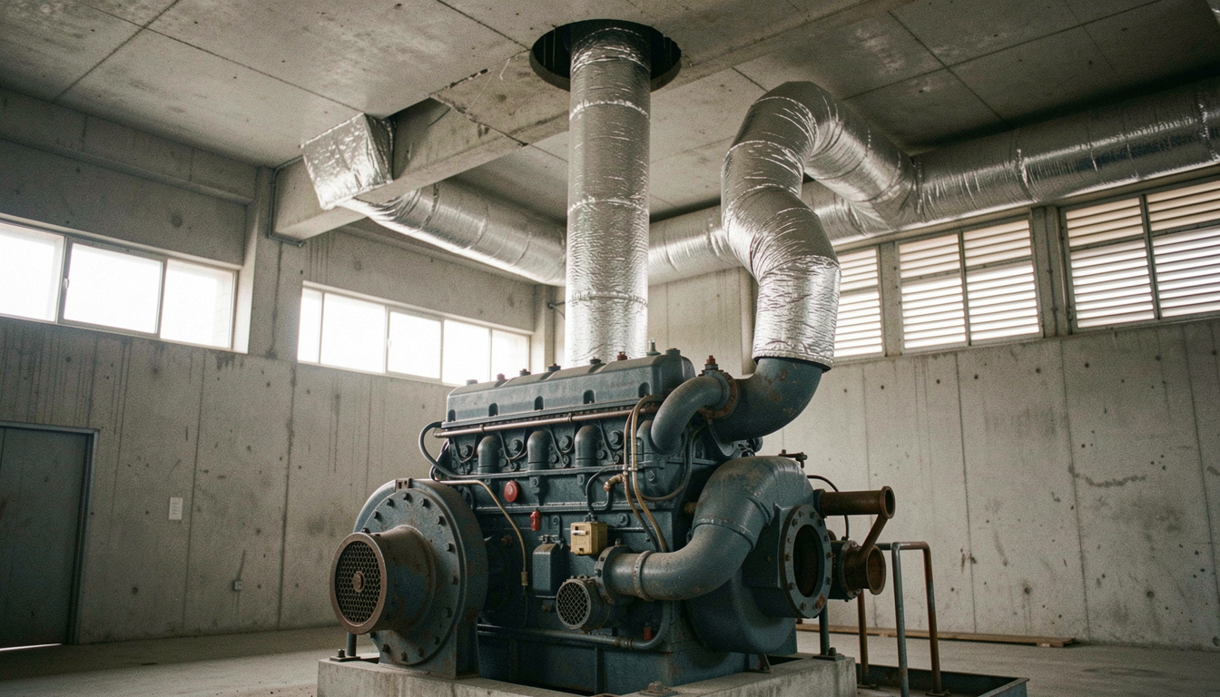 Large V-configuration diesel engine installed in a concrete plant room, insulated exhaust pipework rising to a ceiling penetration, ventilation louvres on the far wall