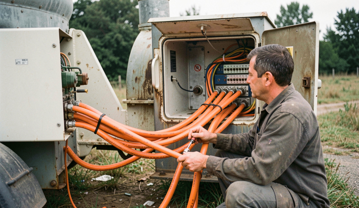 Technician bolting heavy orange cables from a trailer-mounted resistive load bank onto the busbars of an open generator terminal box outdoors