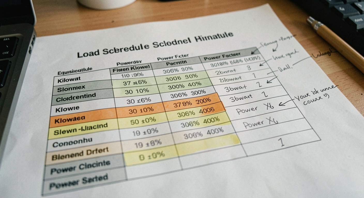 Printed load schedule on a desk with equipment names, kilowatt ratings and power factors in columns, several rows highlighted and annotated by hand