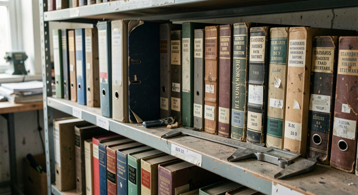 Shelf of worn ring binders and standards volumes in a workshop office, spines facing out, a dusty caliper lying on top
