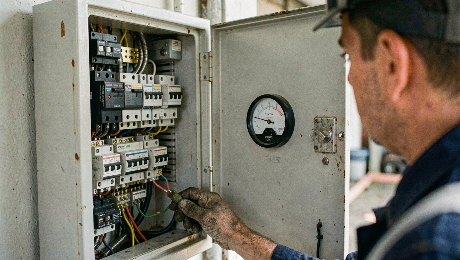 Open motor starter panel with contactors and overload relays, an ammeter on the door showing a high reading, a technician's hand on the isolator