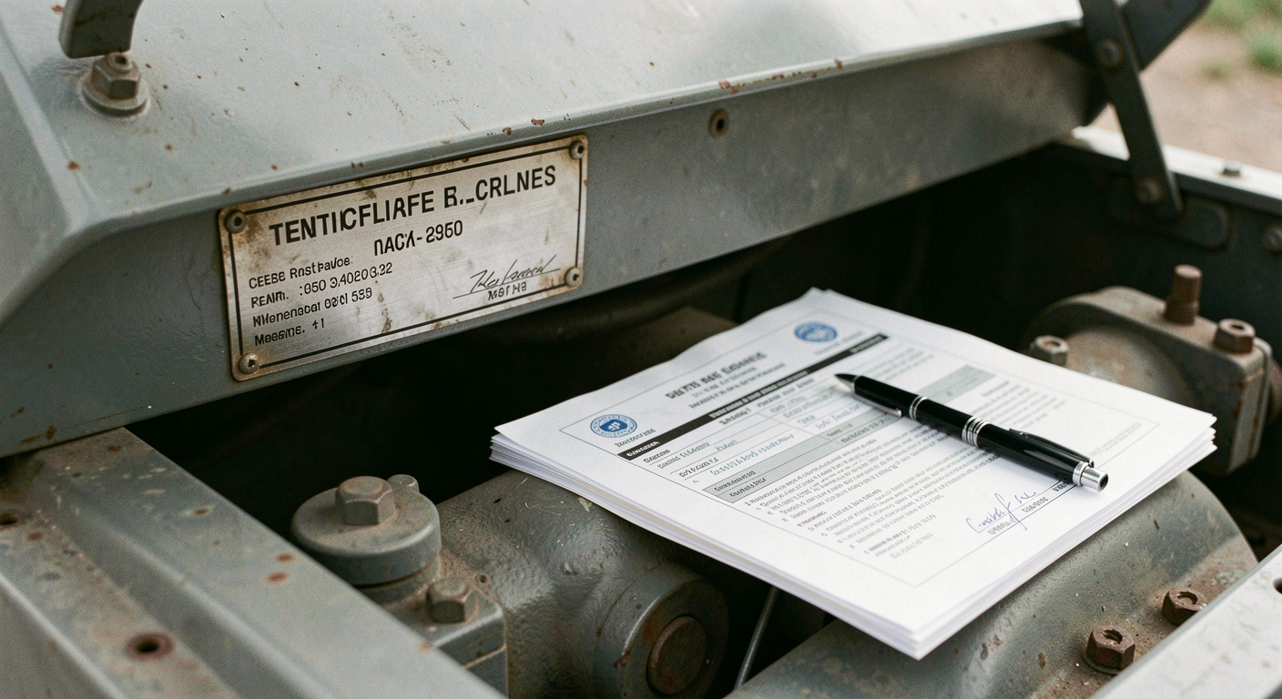Stamped metal rating plate bolted to a generator canopy, a folder of test certificates and a pen resting on the frame beside it