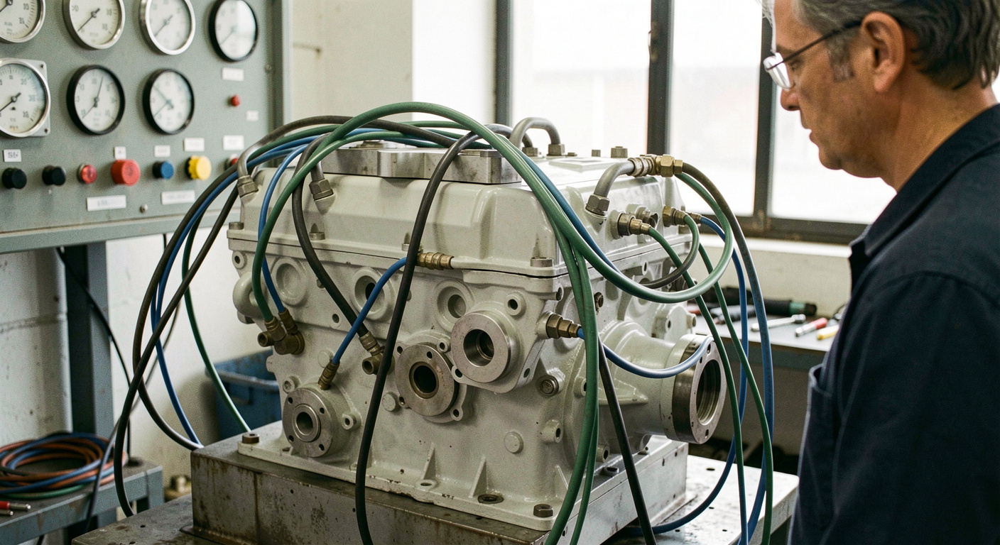Newly assembled diesel engine on a test bench with instrumentation cables attached, an operator watching a gauge panel, clean paint and unused hoses on the block