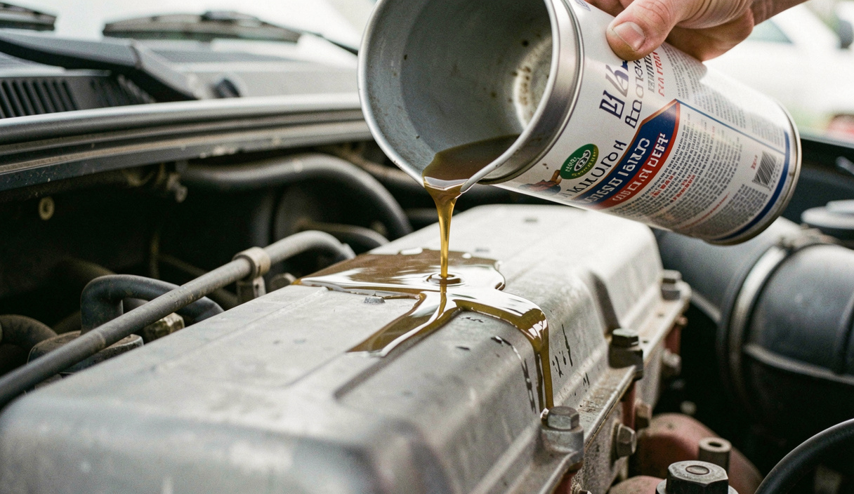 Fresh engine oil being poured from a can through a funnel into a diesel engine filler neck, drips on the rocker cover