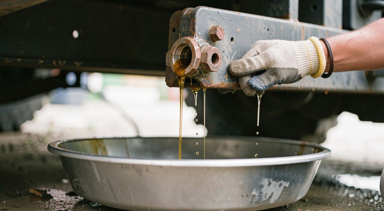 Warm oil draining from a sump plug into a wide pan under a generator skid, gloved hand holding the plug and a rag, drips catching the light