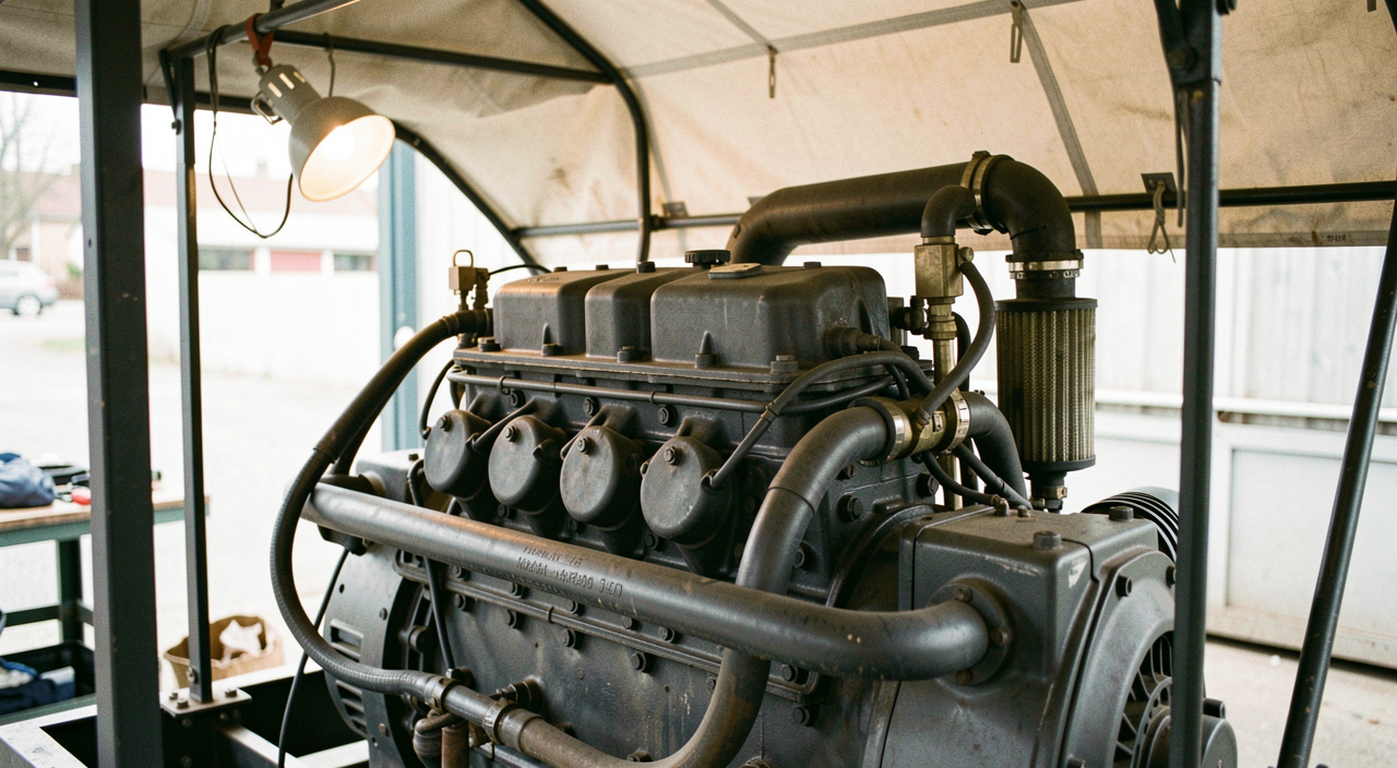 Four-cylinder turbocharged diesel engine mounted on a generator skid inside an open canopy, coolant hoses and air filter housing in view, workshop lamp clipped to the frame