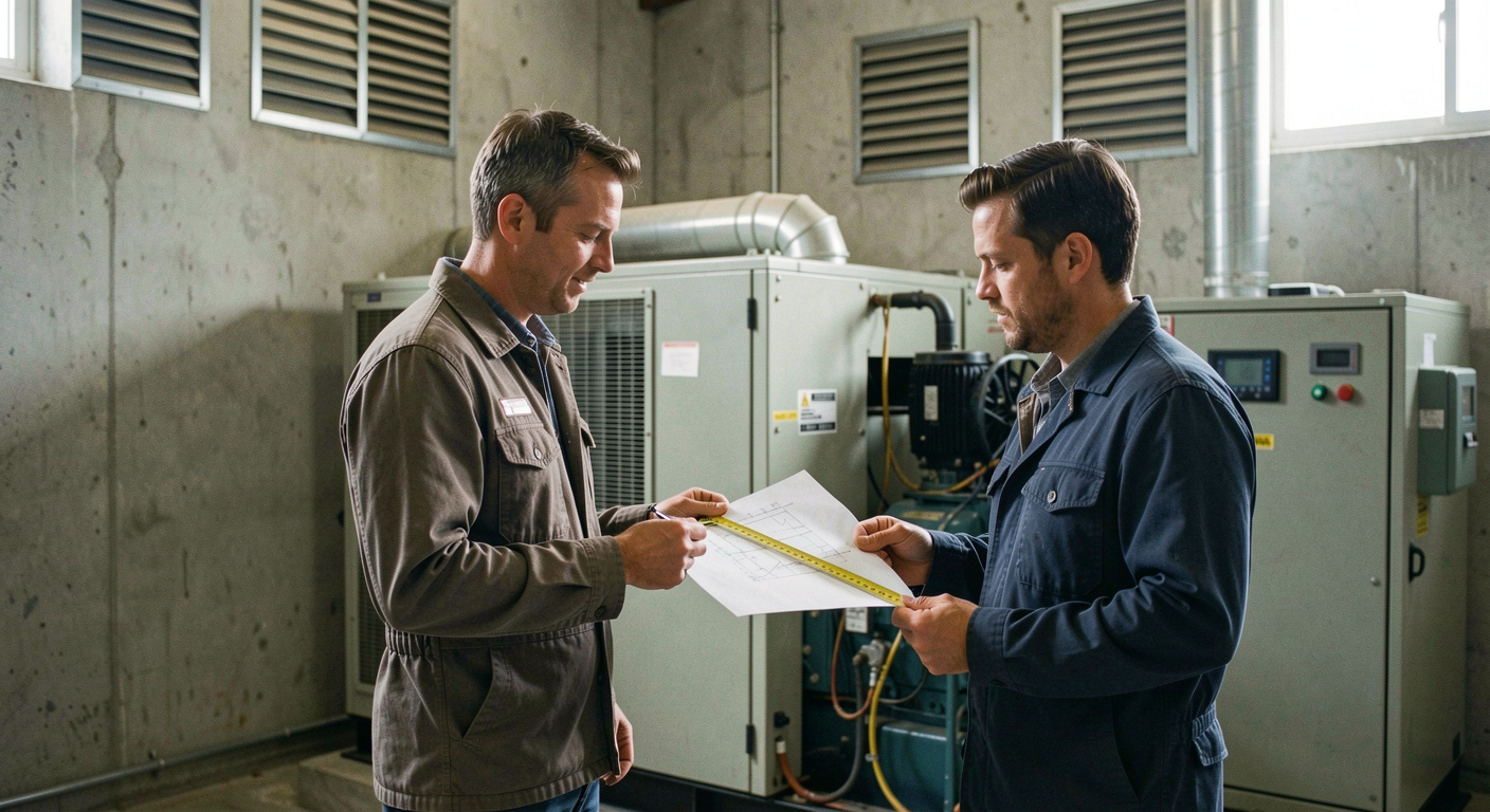 Two engineers with a tape measure and a drawing in a concrete plant room, an enclosed generator set behind them and ventilation louvres high on the wall