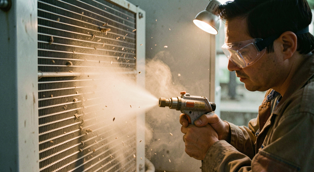 Compressed air lance being used to blow debris backwards through a generator radiator core, dust cloud lit by a work lamp, protective goggles on the technician