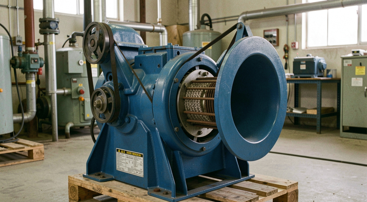 Blue rotary lobe blower package with its acoustic hood removed, drive belts and inlet filter exposed inside a plant room