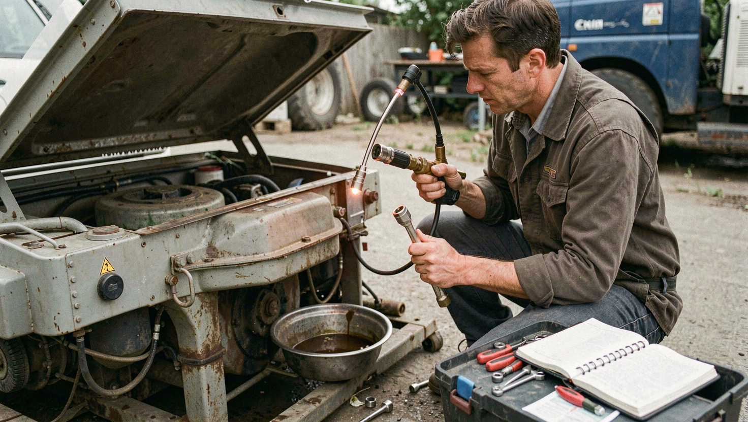 Service engineer kneeling beside an open generator canopy with a torch and a socket set, oil drain pan under the sump and a logbook open on the toolbox lid