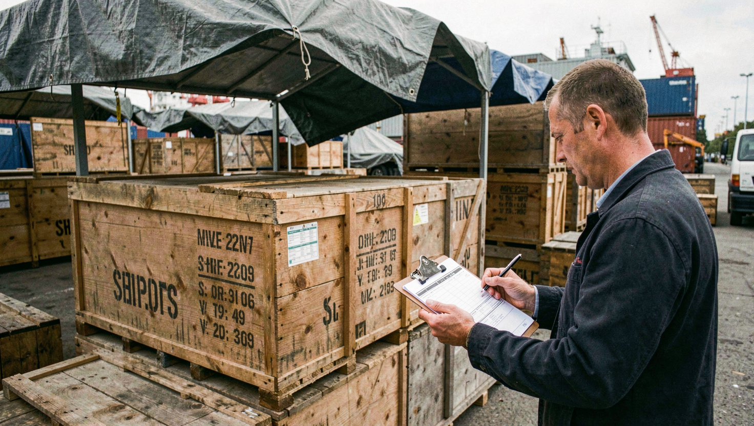 Crated industrial equipment in a port storage yard under tarpaulins, stencilled shipping marks on the timber and a supervisor checking a manifest on a clipboard